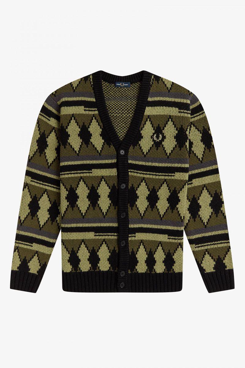 Olive Green Fred Perry Chunky Jacquard Cardigan Men's Knitwear | PH 1284YXFU